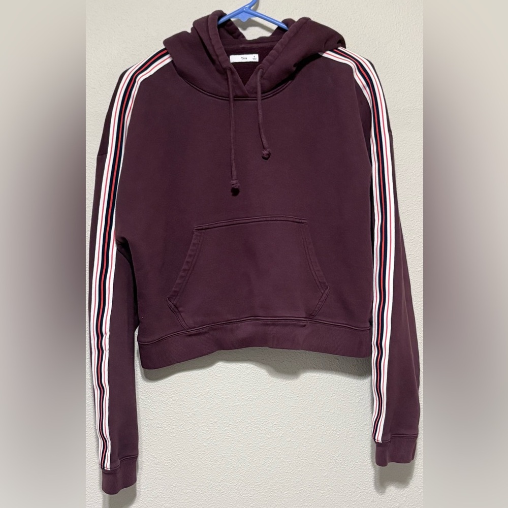 TNA Burgundy Cropped Sweatshirt with Striped Sleeves and Hoodie.